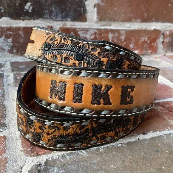 Tooled leather belt with acorns & leaves design and “MIKE” on back - Picture 1 of 12